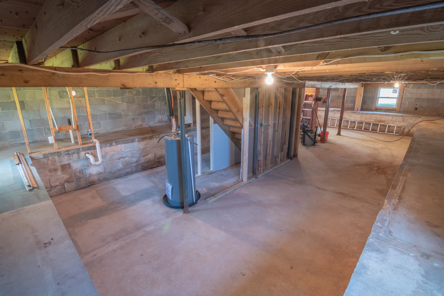 Basement interior undergoing waterproofing work in Bloomfield NJ